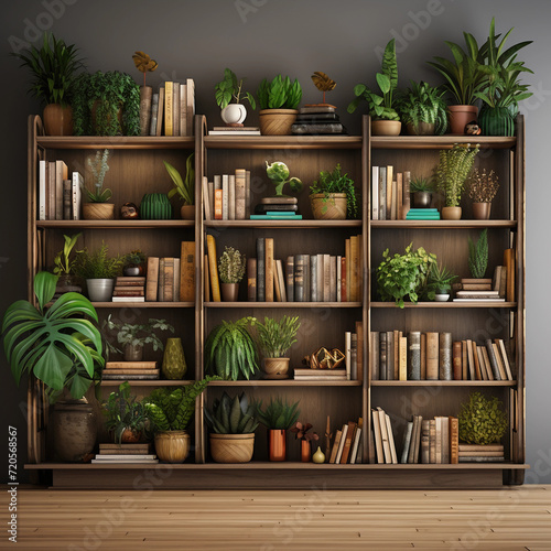 A contemporary-style bookshelf adorned with plants that serves as a modern decorative element for virtual office backdrops, studio backgrounds, or can be printed in a large format to enhance a back 