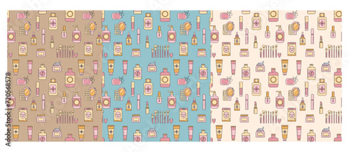 Seamless pattern set of makeup beauty cosmetic elements, mascara, cream bottle, nail product, brush and ect. Make-up element illustration for wallpaper, background, textile. Vector illustration EPS 10