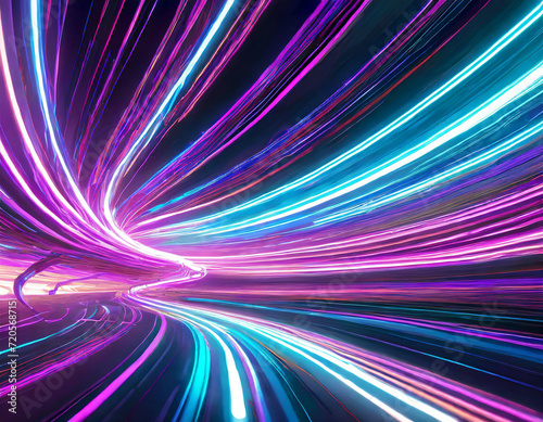 Neon stripes in the form of drill  turns and swirl. Illustration of high speed concept. Image of speed motion on the road. Abstract background in blue and purple neon glow colors.