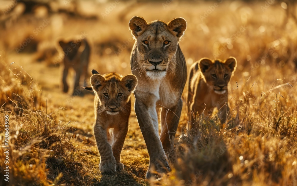 lion leading her cubs through the grasslands lion leading her cubs through the grasslands