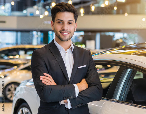 Professional luxury car salesman in luxury showroom. Smiling salesman in showroom. Expensive car. Car dealer business. Automotive industry. Luxury car agent. Auto dealership office.