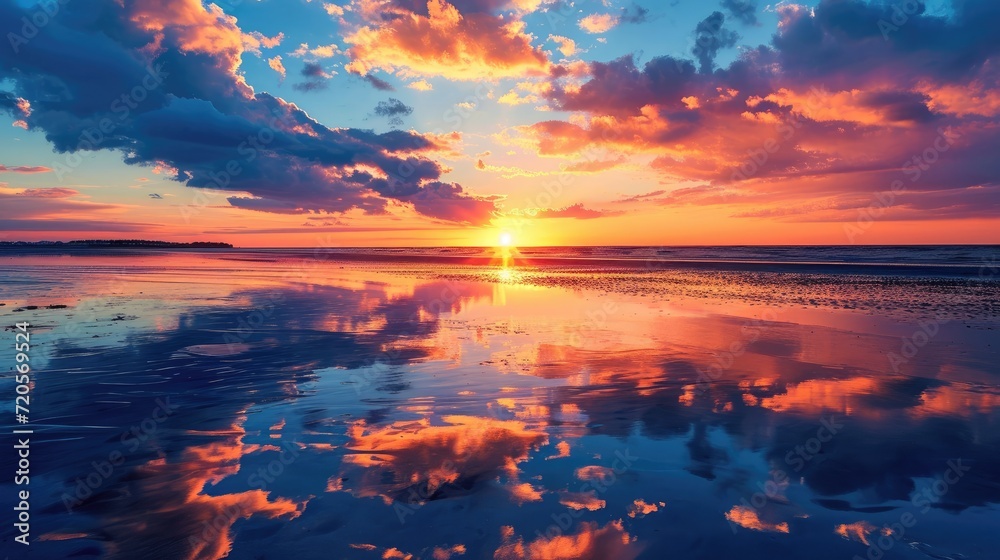 Vibrant Sunset with Clouds Reflected on Wet Sand - A Stunning Image Capturing the Tranquil Beauty of the Coastal Scene during Low Tide