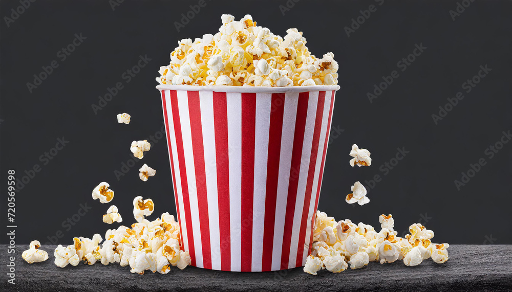 red white paper bucket full of popcorn 