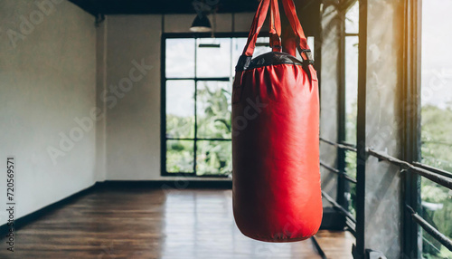 Red punching bag hanging in room. Sport, active lifestyle and healthy concepts. Kickboxing, Muay Thai, Taekwondo, sport fitness activities equipment © Nolan