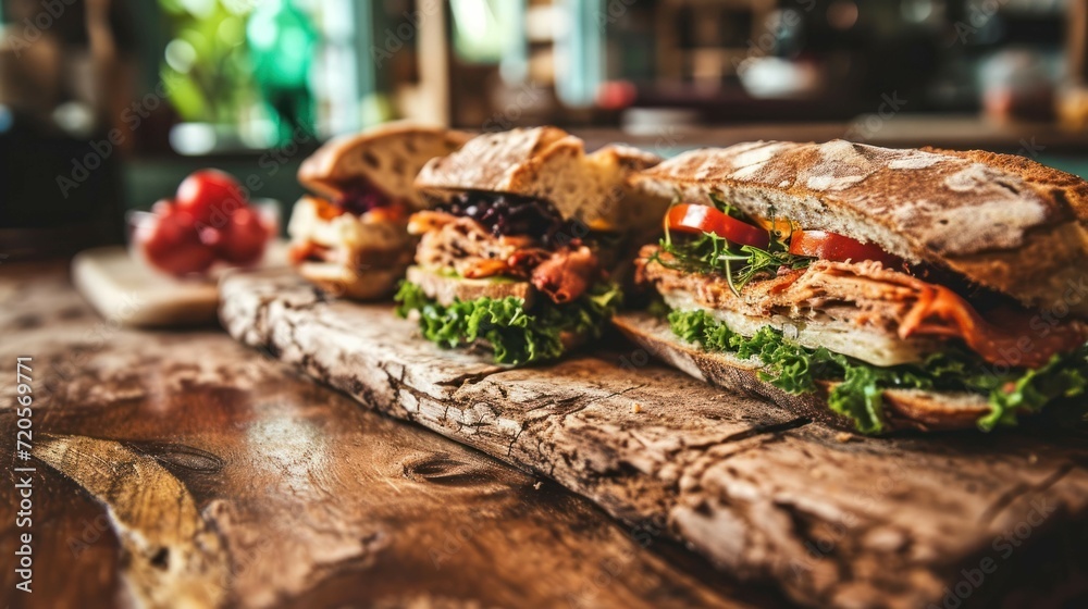 Various sandwiches against the charm of a street cafe