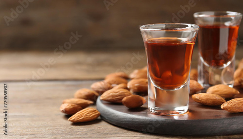 Shot glasses with tasty amaretto liqueur and almonds on wooden table, closeup. Space for text