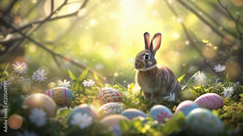 easter rabbit in a peaceful garden forest surrounded with easter decorated eggs