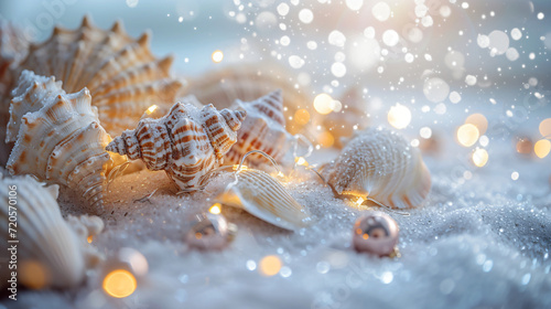 A festive holiday-themed arrangement of seashells intertwined with fairy lights and small ornaments on a soft snowy background.