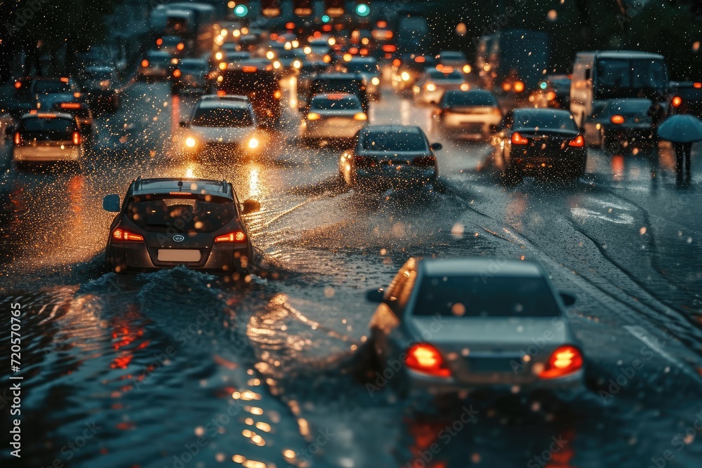 The Chaos of Urban Flooding: A Line of Cars Partially Submerged in Water, The Devastating Consequences of Heavy Rains