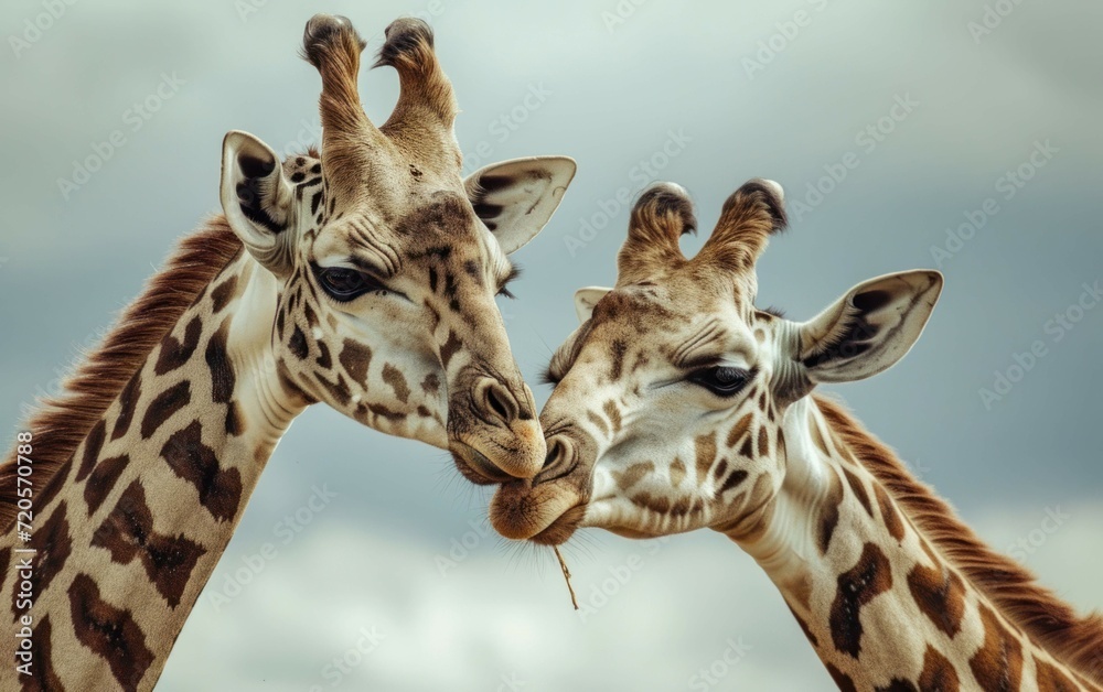 Obraz premium Close up shot of giraffes sharing a moment of familial connection