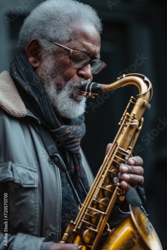 A senior African-American jazz musician deeply engaged in playing a saxophone Jazz Revival