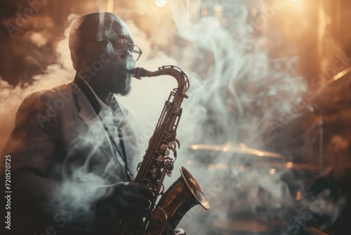 Jazz Revival A contemplative jazz musician playing a saxophone in a smoke-filled setting