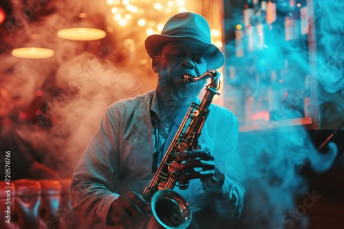 Jazz Revival Jazz musician playing saxophone in a smoke-filled club with blue lighting