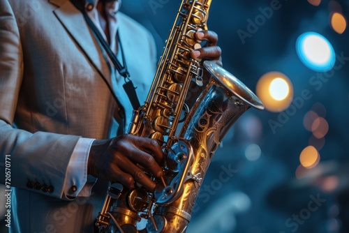 Jazz Revival A saxophonist's hands playing a saxophone with bokeh lights in the background