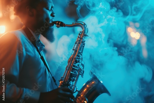 Saxophonist immersed in a solo performance with a backdrop of blue smoke Jazz Revival