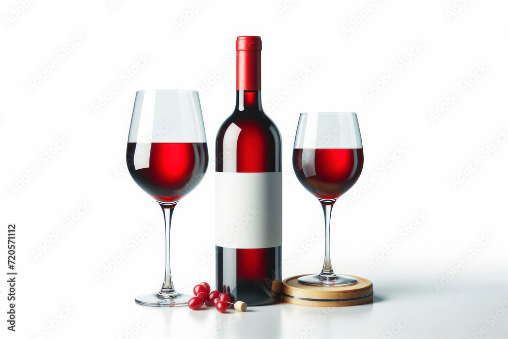 red wine bottle with white label mockup and glass isolated on a white background. ai generative red wine bottle with white label mockup and glass isolated on a white background. ai generative