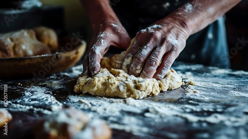Hands kneading dough on a wooden table in a bakery