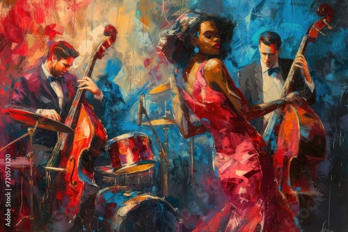 Colorful abstract painting capturing the dynamic essence of a jazz band performance photo
