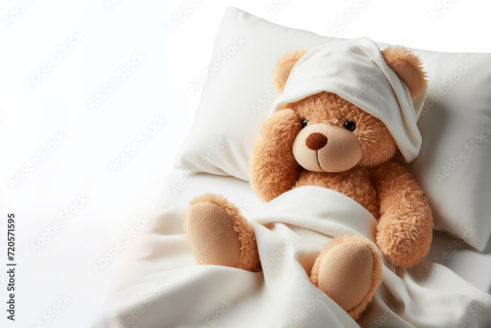 Fototapeta premium Teddy bear laying in bed and feeling sick isolated on solid white background. ai generative