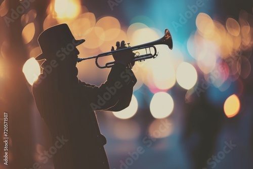 Jazz trumpeter playing passionately on stage, backlit with dramatic lighting photo