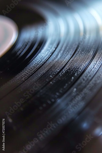 Close-up of a spinning vinyl record with natural lighting.
