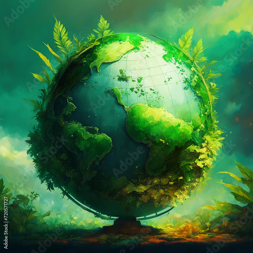 The globe is covered with green plants.