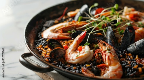 Squid Paella on a white table