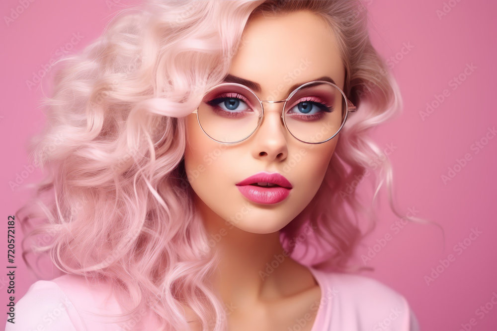 portrait, a wonderful blonde young woman with glasses in a beautiful frame. optics, vision correction and eye imperfections. Bespectacled curly-haired girl, stylish female image. portrait, a wonderful blonde young woman with glasses in a beautiful frame. optics, vision correction and eye imperfections. Bespectacled curly-haired girl, stylish female image.