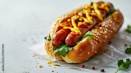 Close up shot of a gourmet pretzel bun hot dog against white background