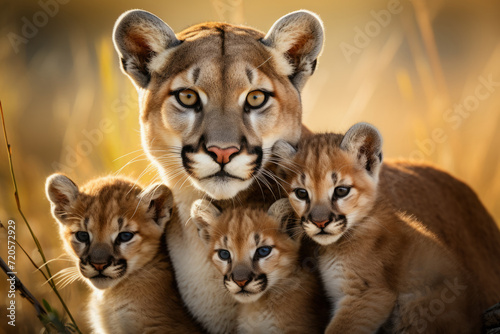 mother female cougar with her young ones, litter of kittens. little cougar cubs, cuddles together. family, motherhood in animals. wildlife.