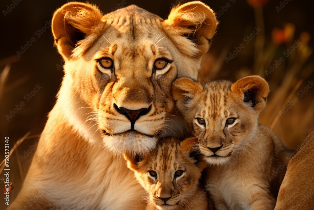 Fototapeta premium mother lioness with her young ones, little lion cubs, cuddles together. family, motherhood in animals. wildlife.