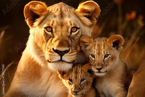 mother lioness with her young ones, little lion cubs, cuddles together. family, motherhood in animals. wildlife.