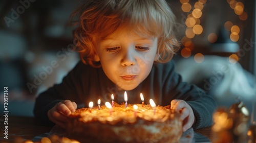 Cute little kid make wish and blow at birthday cake close up. Fun child party. Happy boy celebrate holiday at home. Sweet dessert with candles. Joyful childhood. Cozy home atmosphere. Fire light.