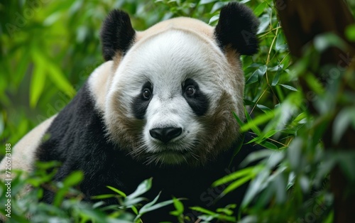 Panda with black and white fur in a green backdrop