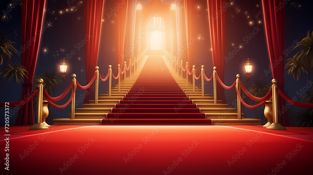 Red carpet staircase with smoke and spotlights, holiday awards ceremony event Red carpet staircase with smoke and spotlights, holiday awards ceremony event