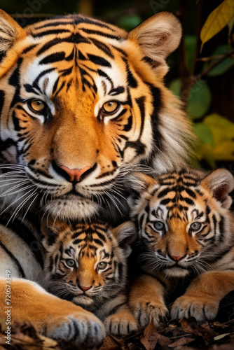 mother tigress with her young ones, little tiger cubs, cuddles together. family, motherhood in animals. wildlife.