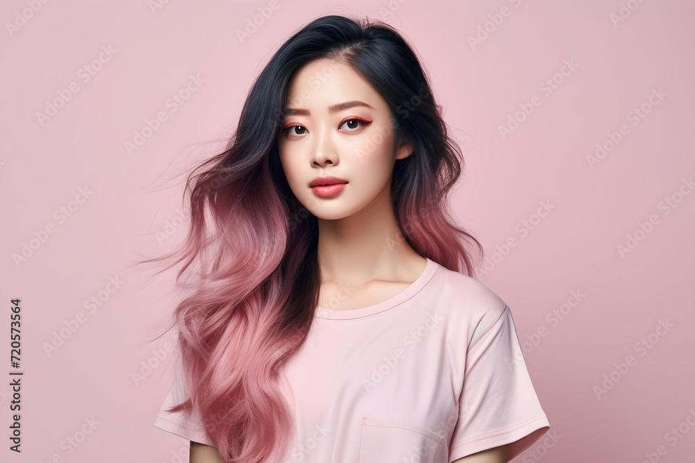 An asian girl has a nice hairstyle wearing trendy clothes