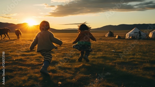 Asian Children Playing In The Evening
