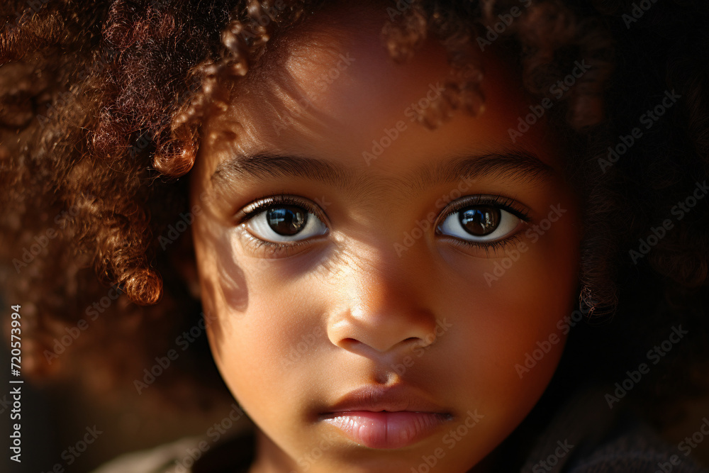 Fototapeta premium Face of serious young afro american girl child with curly hair