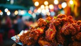 Spicy Fried Chicken Wing against a vibrant street food market