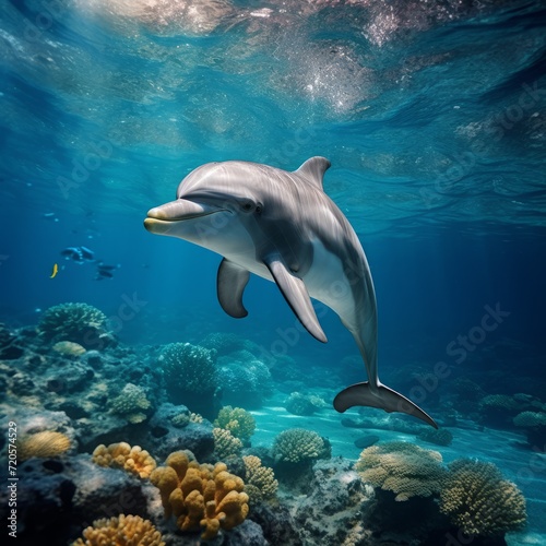 A dolphin swims underwater in the ocean in natural conditions. © MaskaRad