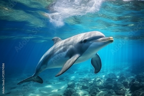 A dolphin swims underwater in the ocean in natural conditions. © MaskaRad