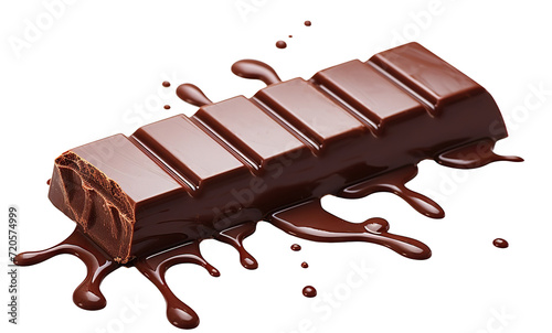 Delicious chocolate bar piece falling into chocolate splash, cut out photo