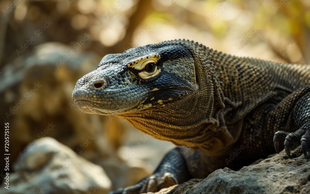 Shot of a Komodo dragon alert gaze observing its territory with precision Shot of a Komodo dragon alert gaze observing its territory with precision