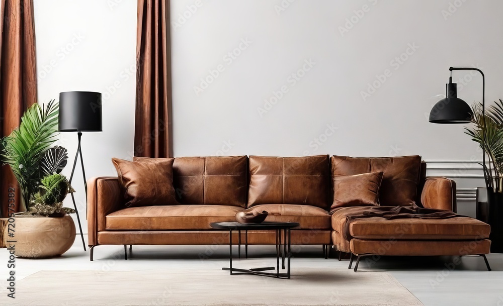 Modern living room wall mockup with leat Modern living room wall mockup with leat