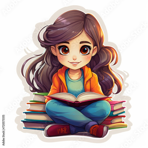 the girl and the book. sticker, icon on a white background. color illustration. a schoolgirl, a student. library.