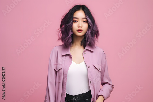 asian girl with nice hairstyle wearing trendy clothes