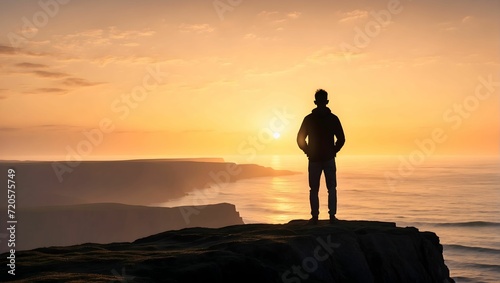 Solitary figure at sunrise on a cliff overlooking the ocean, silhouette against the early light, 8k. generative AI