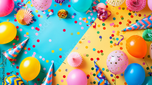 A flat lay of summer party decorations including colorful balloons streamers confetti and party hats on a bright festive background.