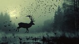 Serene twilight scene captures the silhouette of a graceful deer and a flock of birds against the backdrop of a mist-enshrouded forest.